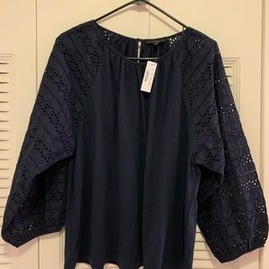 J. Crew Navy Eyelet Puffed Sleeve Top Size L
